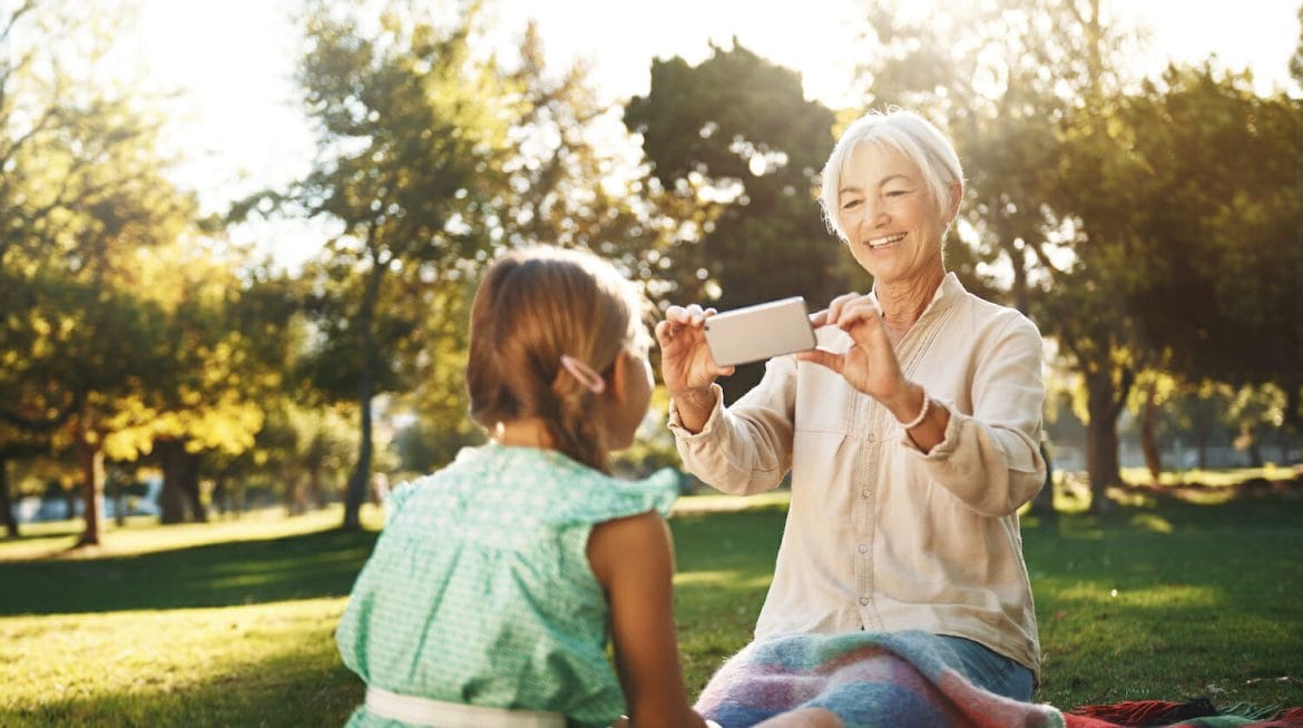 Shot of a little girl and her grandmother taking selfies together at the park