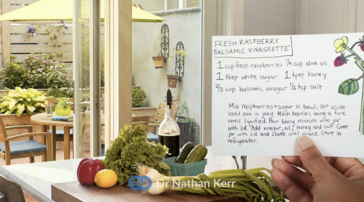 View of a kitchen as seen through an extended range of vision lens after cataract surgery